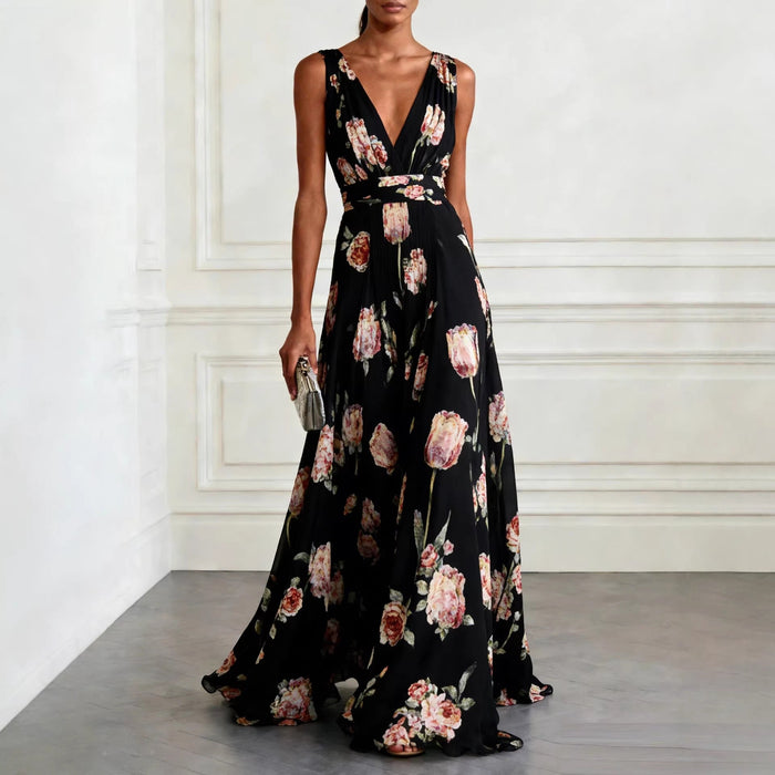 Women's Long Chiffon Dress – V-Neck Sleeveless with Floral Print