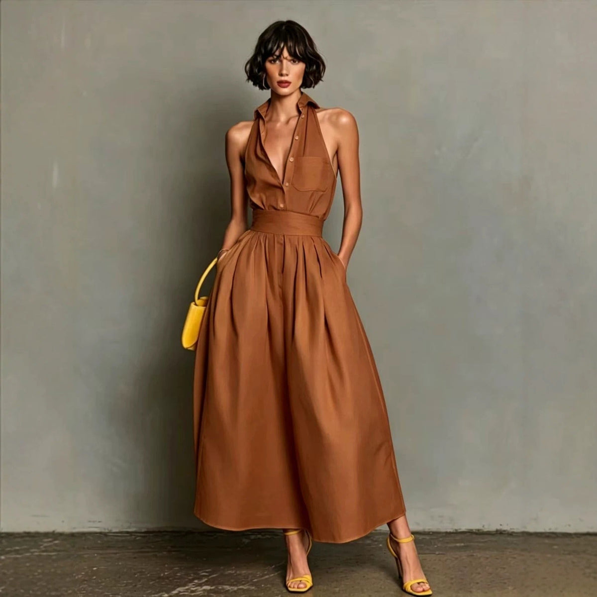 Women's Long Shirt-Collar Dress – Structured Pleated Fit