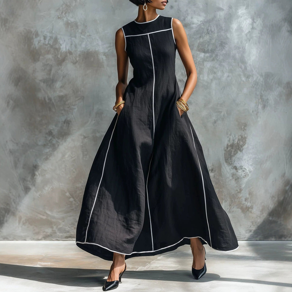 Women's Long Sleeveless Dress – Minimalist Slim Fit, A-Line