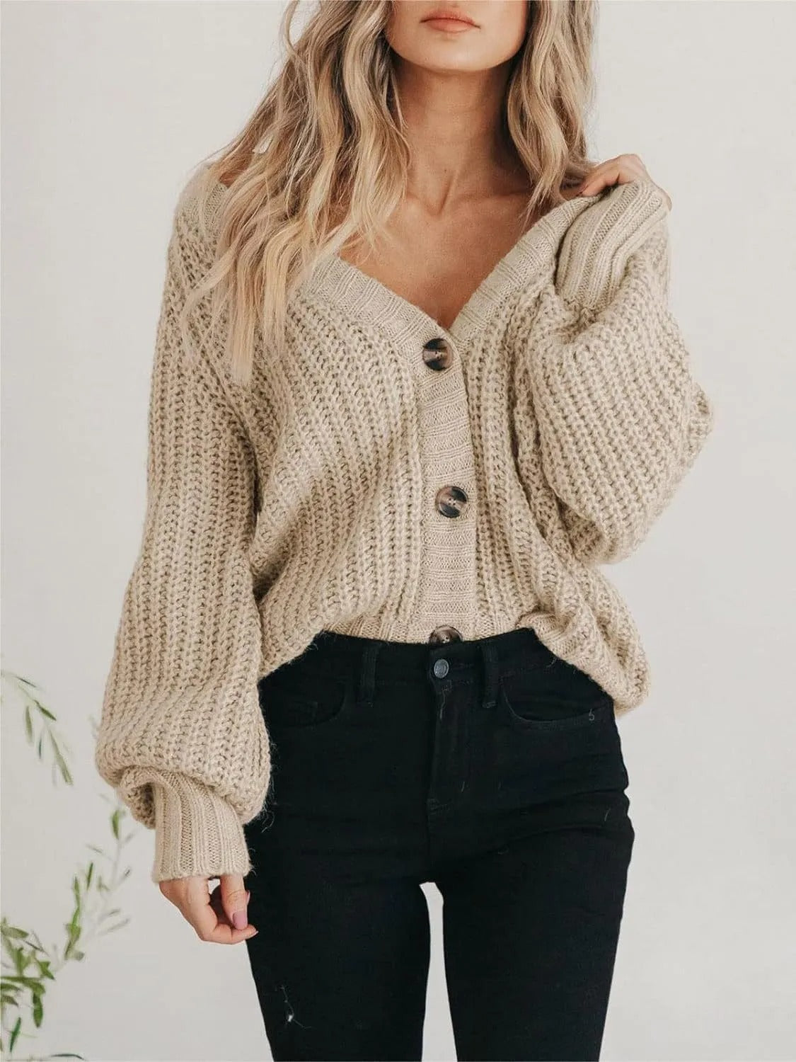 Women's Chunky-Knit Cardigan – Oversized Fit, Balloon Sleeves