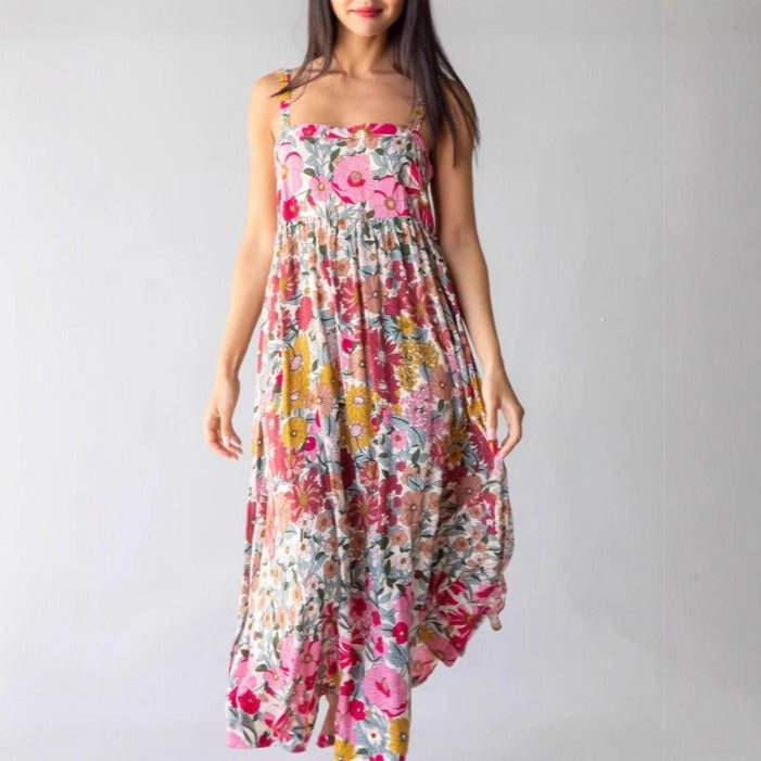 Women’s Floral Maxi Dress with Side Slit – Lightweight Sleeveless Adjustable Straps