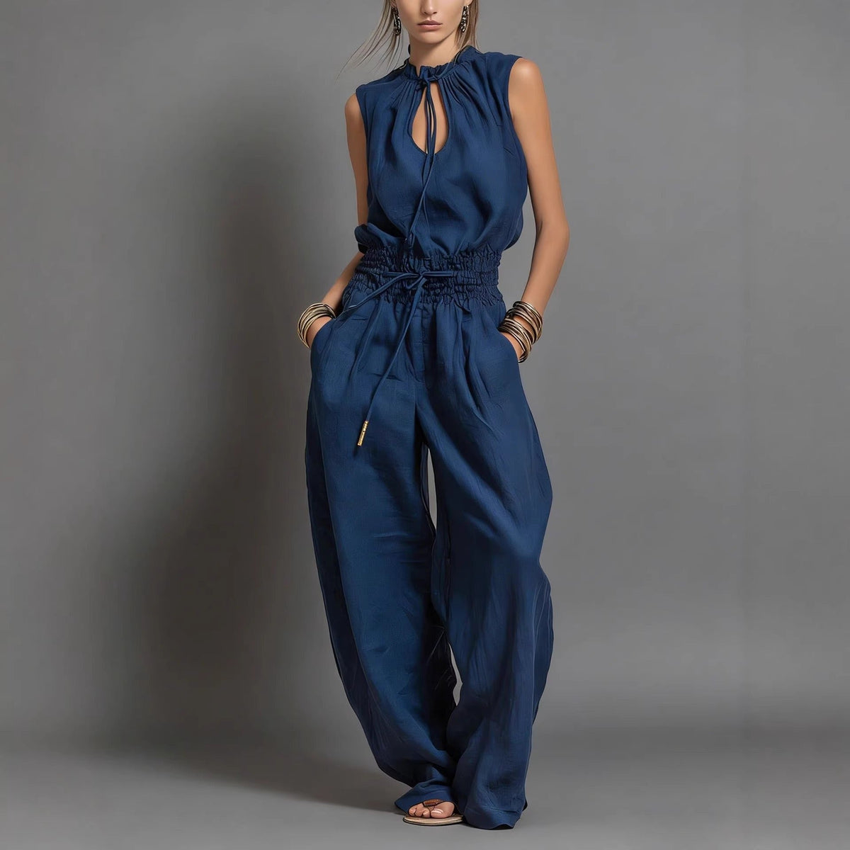 Women's Flowy Wide-Leg Jumpsuit – Sleeveless with Drawstring Waist
