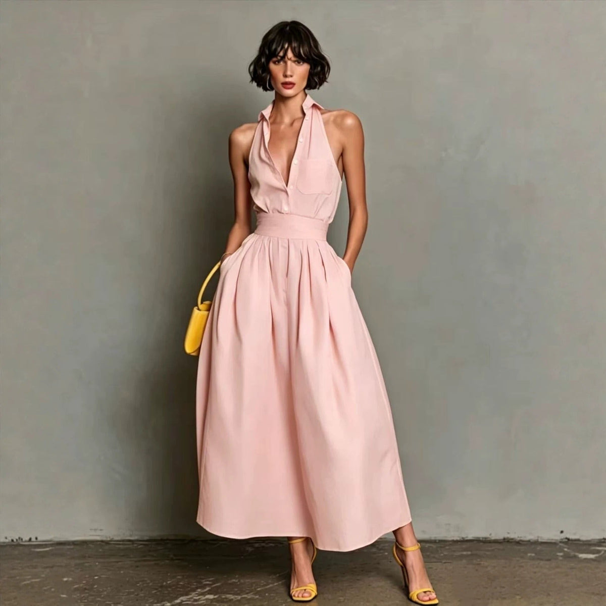 Women's Long Shirt-Collar Dress – Structured Pleated Fit