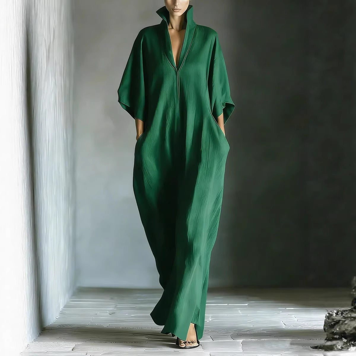 Women's Maxi Dress – Relaxed Wave Cut with V-Neck