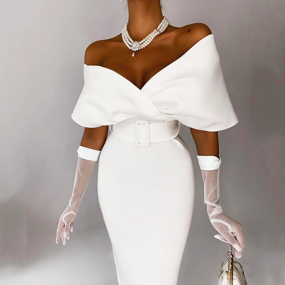 Women’s Off-Shoulder Midi Dress – Belted Structured Bodycon Cut