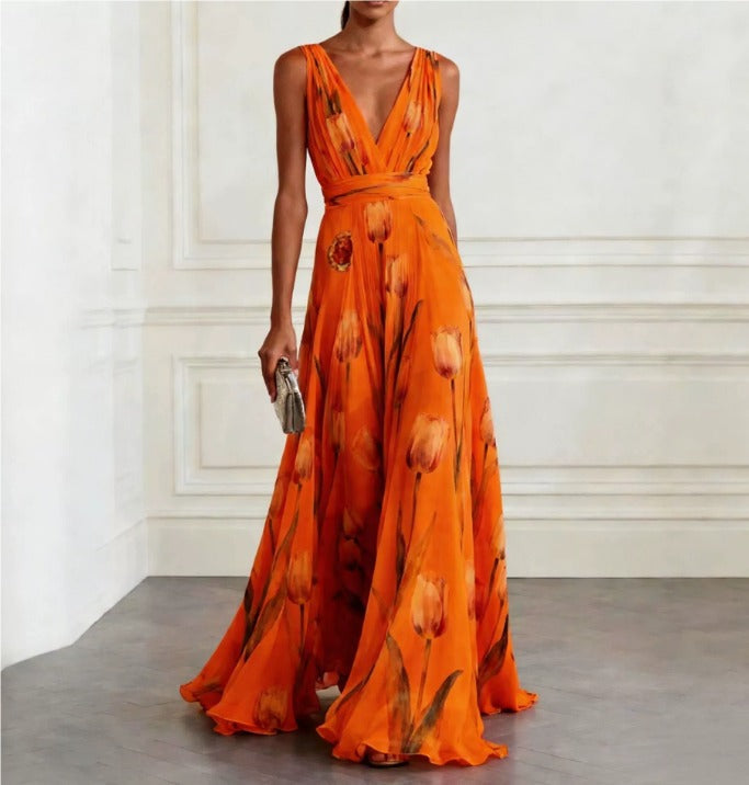 Women's Long Chiffon Dress – V-Neck Sleeveless with Floral Print