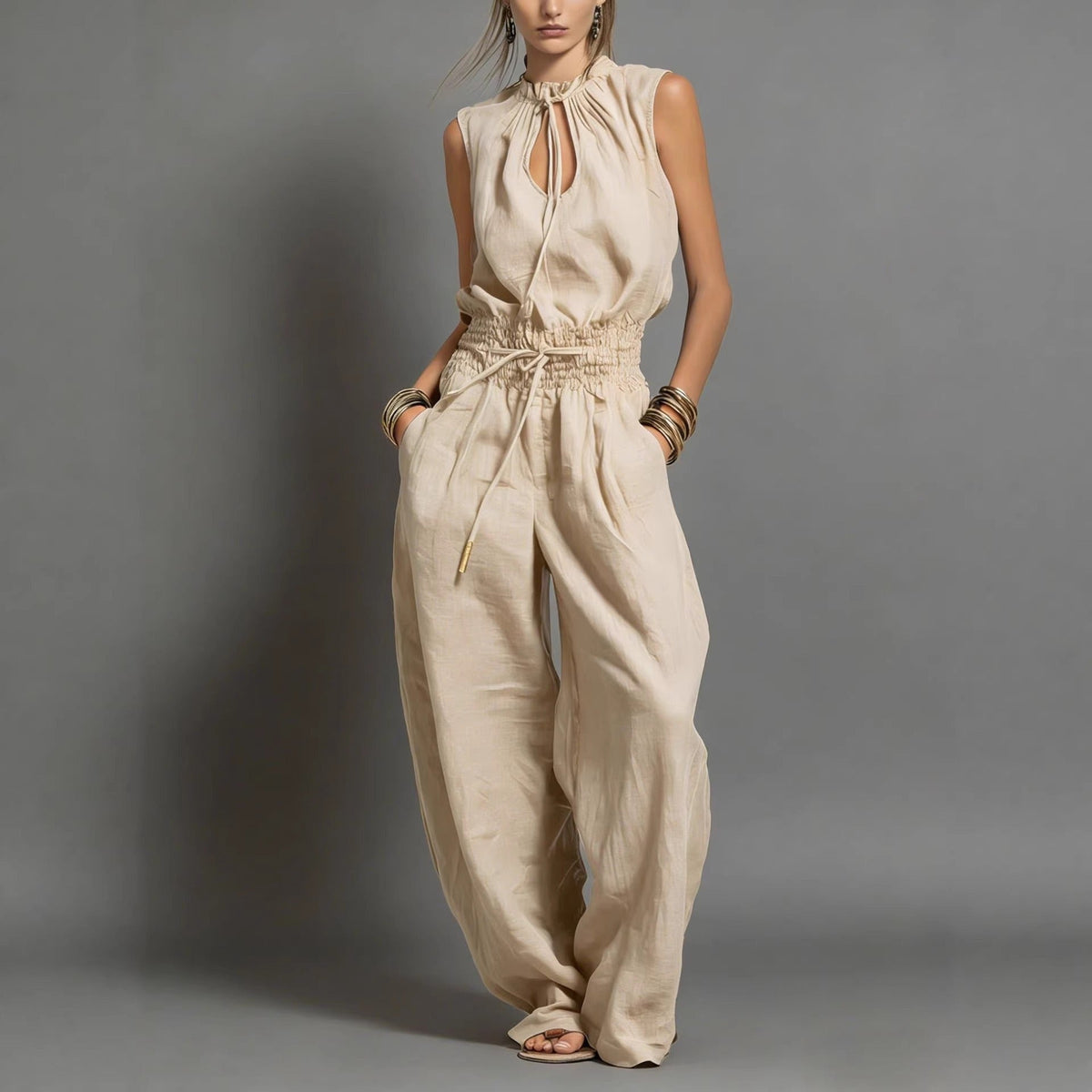 Women's Flowy Wide-Leg Jumpsuit – Sleeveless with Drawstring Waist