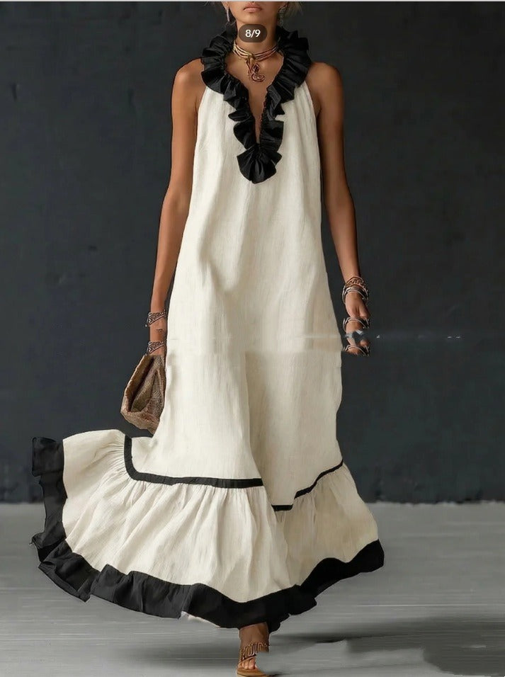 Women's Ruffled Cotton Maxi Dress - Sleeveless A-Line Silhouette