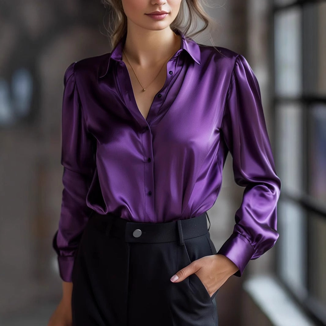 Women’s Satin Button-Down Blouse – Lightweight Fluid Silky Fit