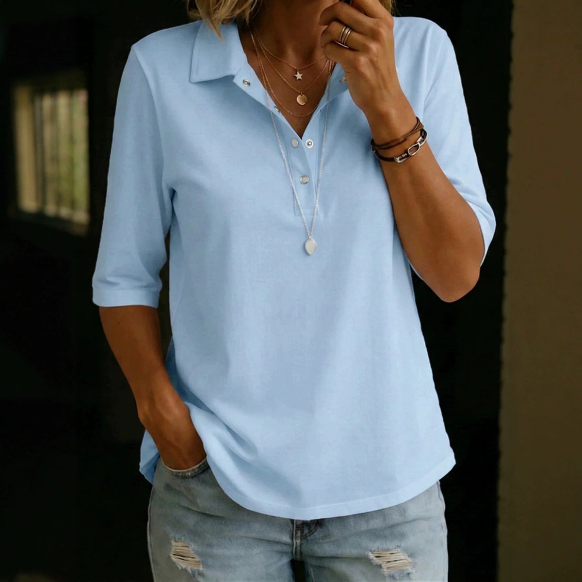 Women's Casual Blouse – Notched Collar, 3/4 Sleeves