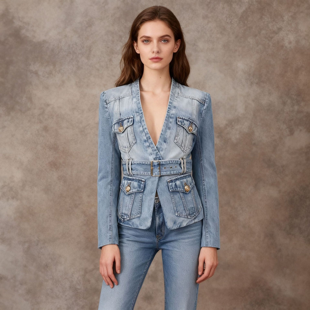 Women's Cotton-Blend Blazer – Belted Silhouette with Distressed Effect