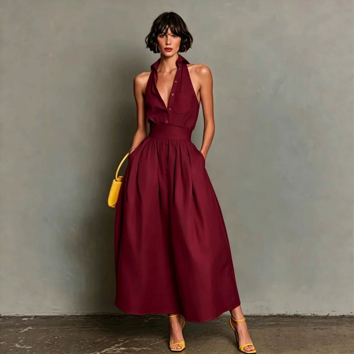 Women's Long Shirt-Collar Dress – Structured Pleated Fit