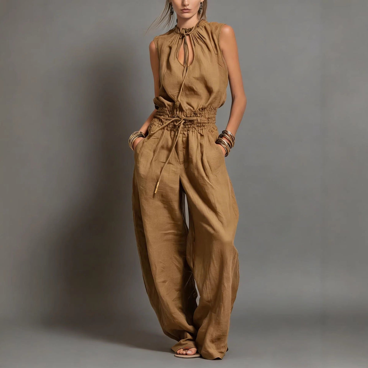 Women's Flowy Wide-Leg Jumpsuit – Sleeveless with Drawstring Waist