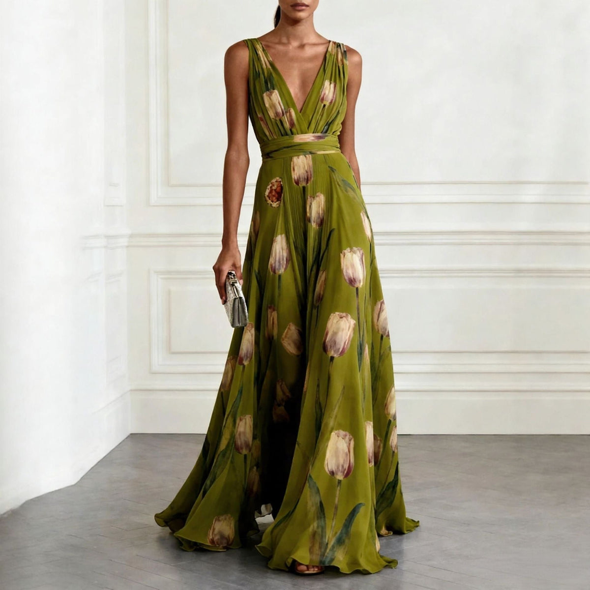 Women's Long Chiffon Dress – V-Neck Sleeveless with Floral Print