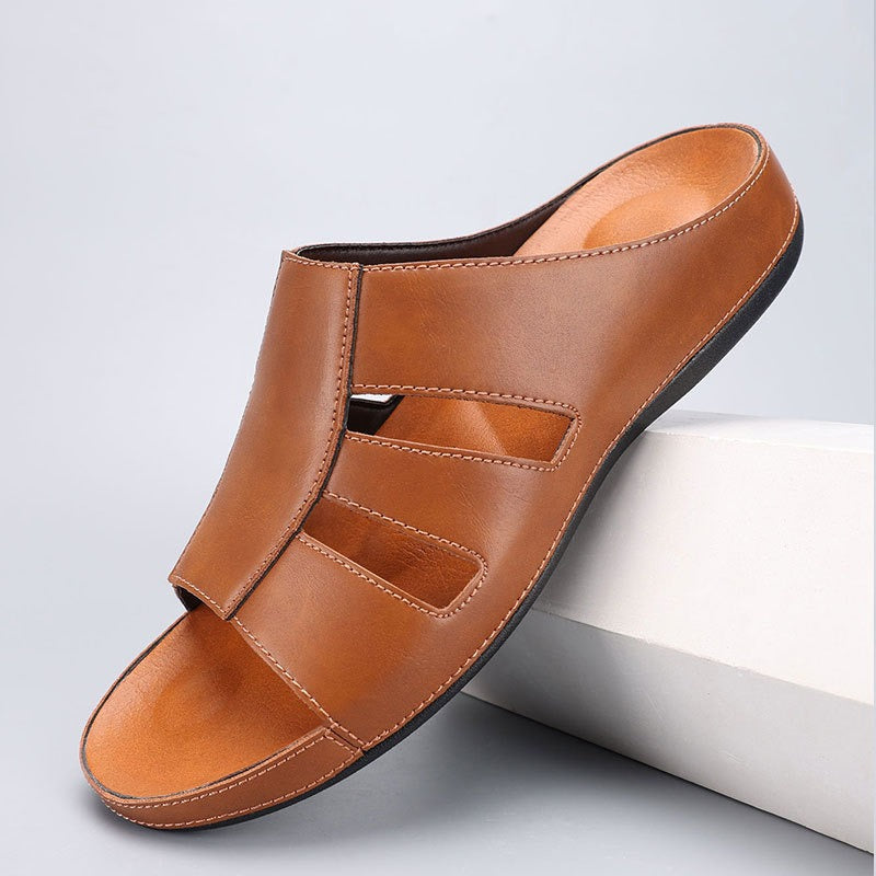 Men’s Open Leather Slides – Padded Casual Comfort Fit
