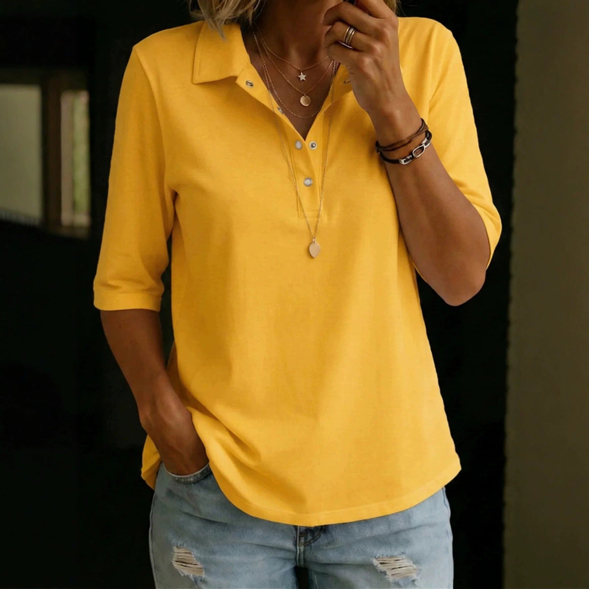 Women's Casual Blouse – Notched Collar, 3/4 Sleeves