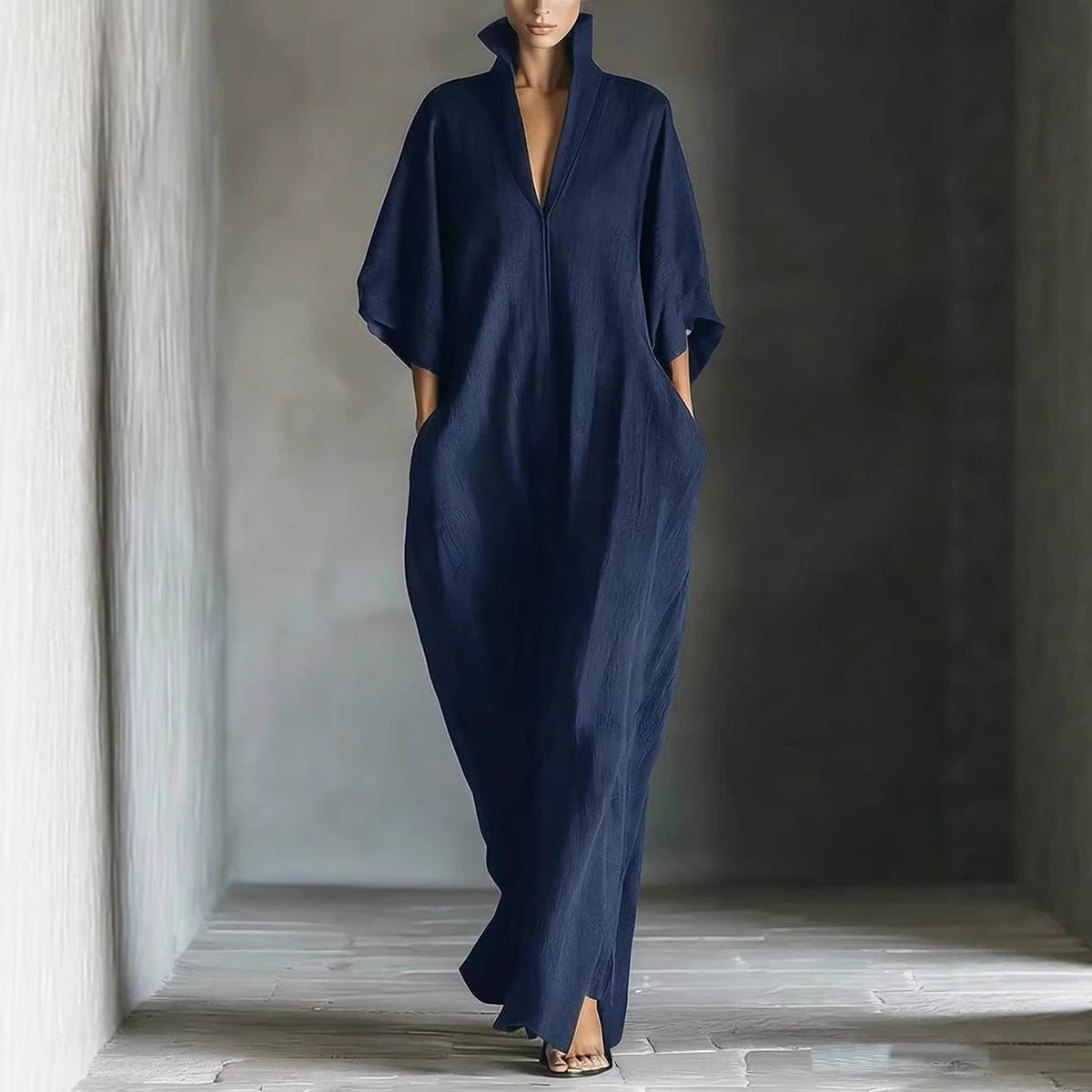 Women's Maxi Dress – Relaxed Wave Cut with V-Neck