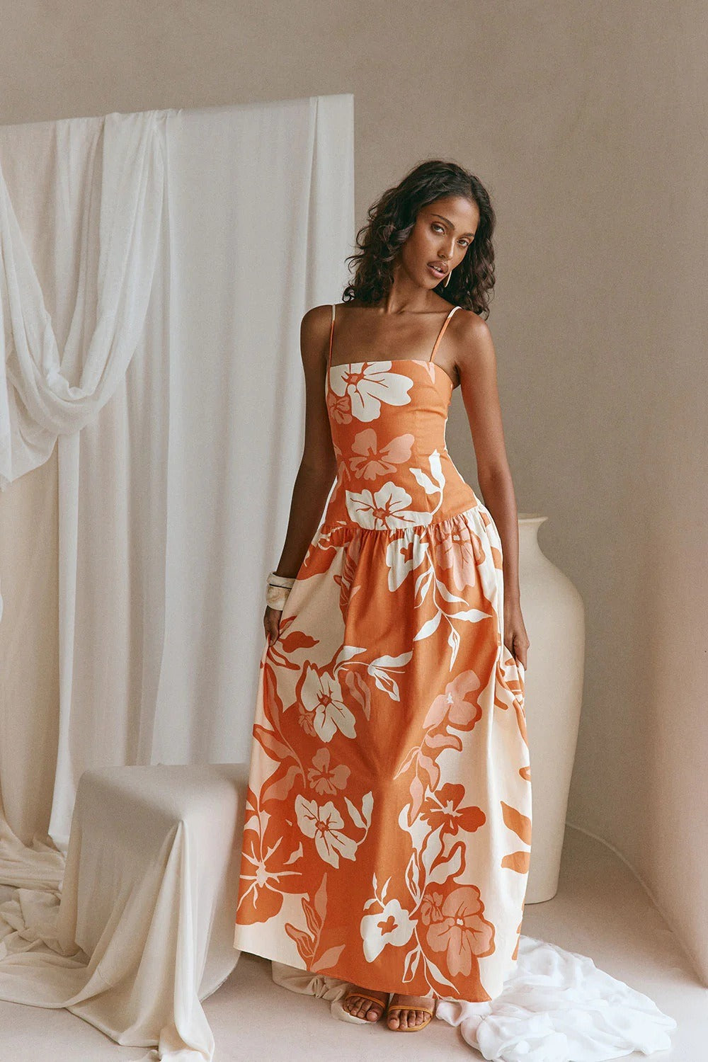 Women's Long Floral Dress – Square Neck with Adjustable Thin Straps