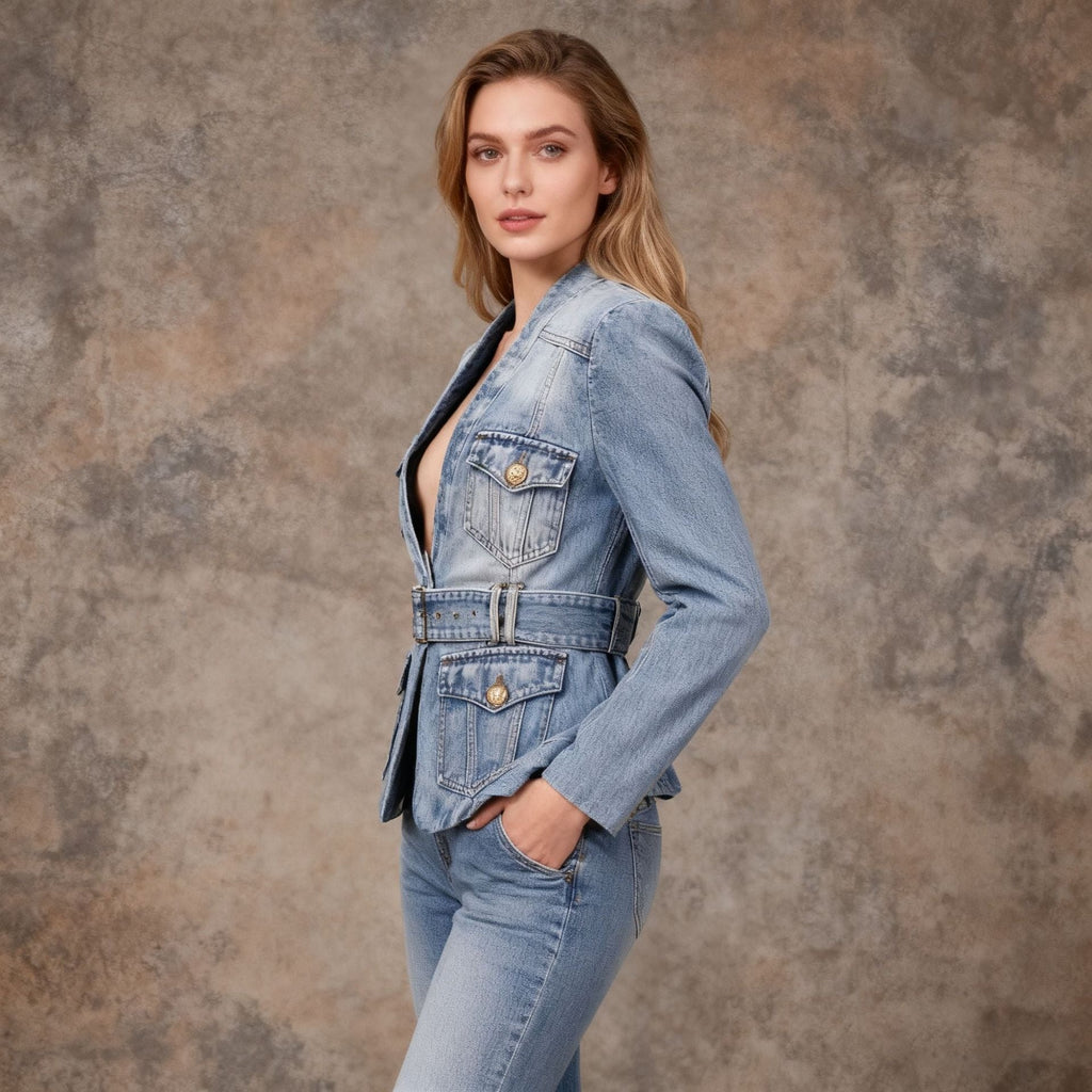 Women's Cotton-Blend Blazer – Belted Silhouette with Distressed Effect