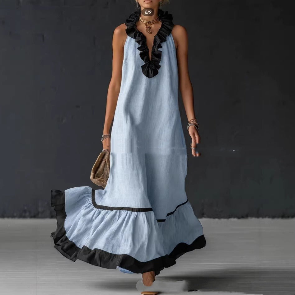 Women's Ruffled Cotton Maxi Dress - Sleeveless A-Line Silhouette
