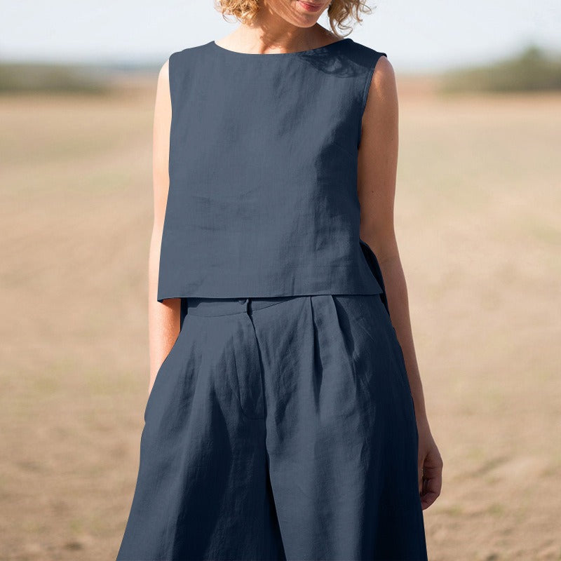 Women's Two-Piece Set in Linen and Cotton – Wide-Leg Pants & Sleeveless Top