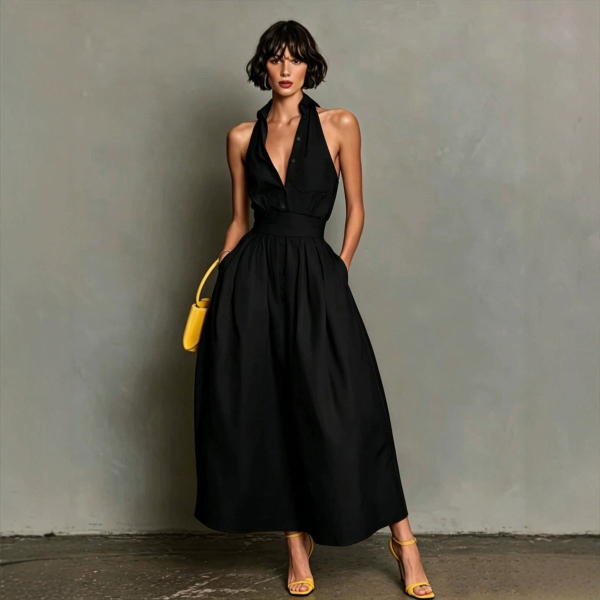 Women's Long Shirt-Collar Dress – Structured Pleated Fit