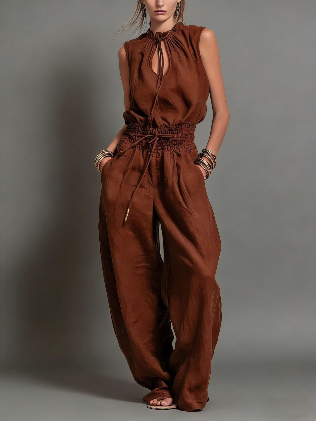 Women's Flowy Wide-Leg Jumpsuit – Sleeveless with Drawstring Waist