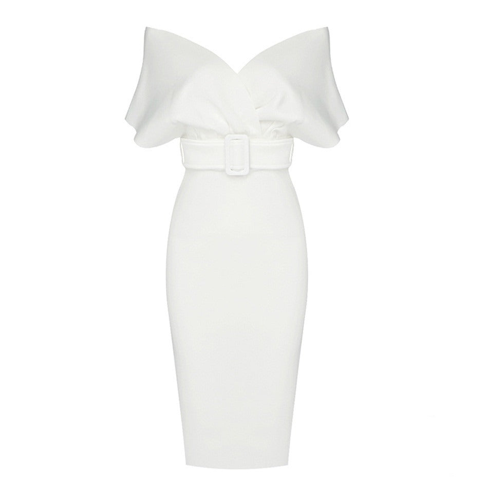 Women’s Off-Shoulder Midi Dress – Belted Structured Bodycon Cut