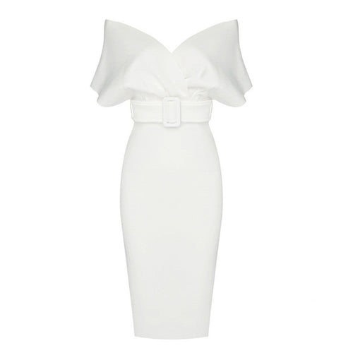 Women’s Off-Shoulder Midi Dress – Belted Structured Bodycon Cut