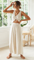 Women's Textured Two-Piece Set – V-Neck Crop Top & Wide-Leg Trousers