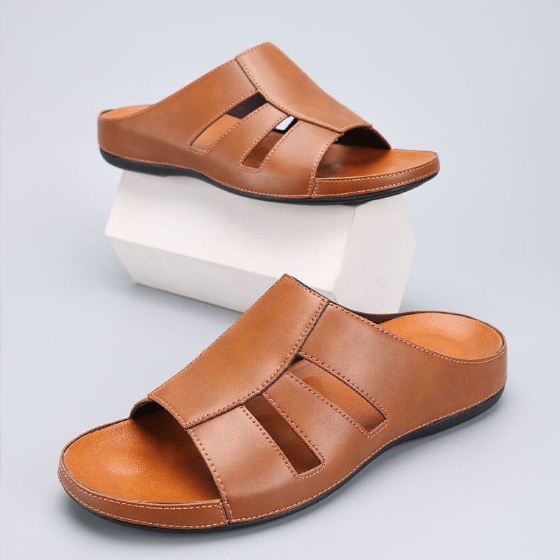 Men’s Open Leather Slides – Padded Casual Comfort Fit