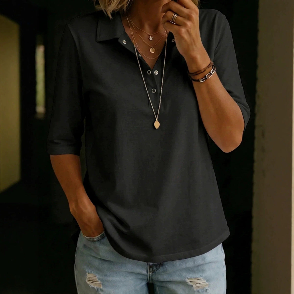 Women's Casual Blouse – Notched Collar, 3/4 Sleeves