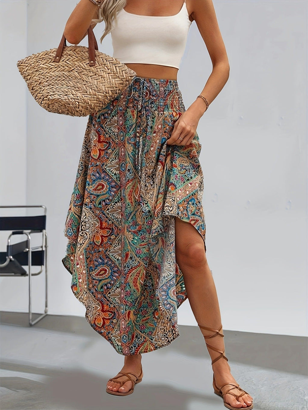 Bohemian Printed Long Skirt for Women – High Waist Flowing