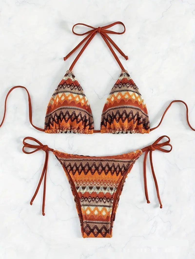 Women's Geometric Print Bikini – Triangle Halter Top and Side-Tied Bottoms