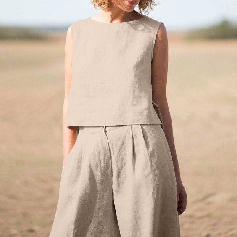 Women's Two-Piece Set in Linen and Cotton – Wide-Leg Pants & Sleeveless Top