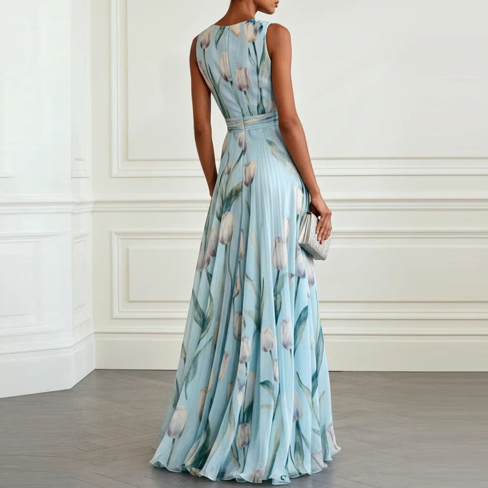 Women's Long Chiffon Dress – V-Neck Sleeveless with Floral Print