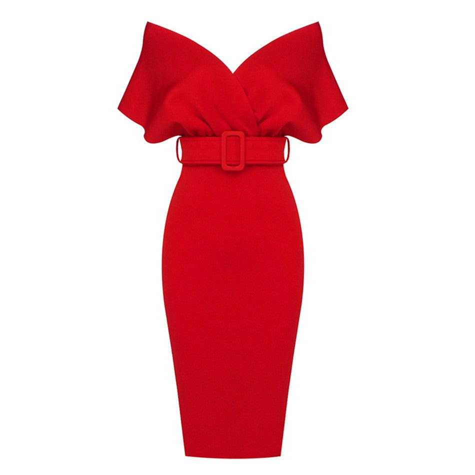 Women’s Off-Shoulder Midi Dress – Belted Structured Bodycon Cut