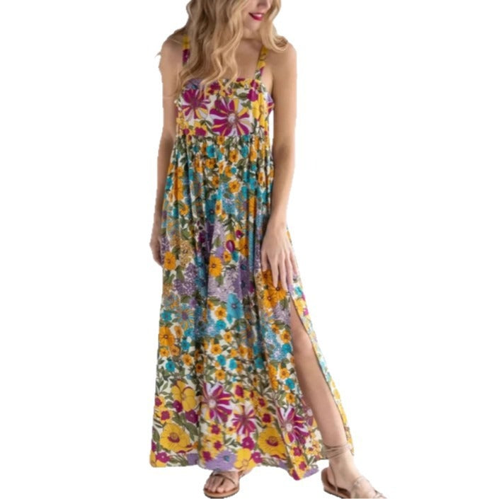 Women’s Floral Maxi Dress with Side Slit – Lightweight Sleeveless Adjustable Straps