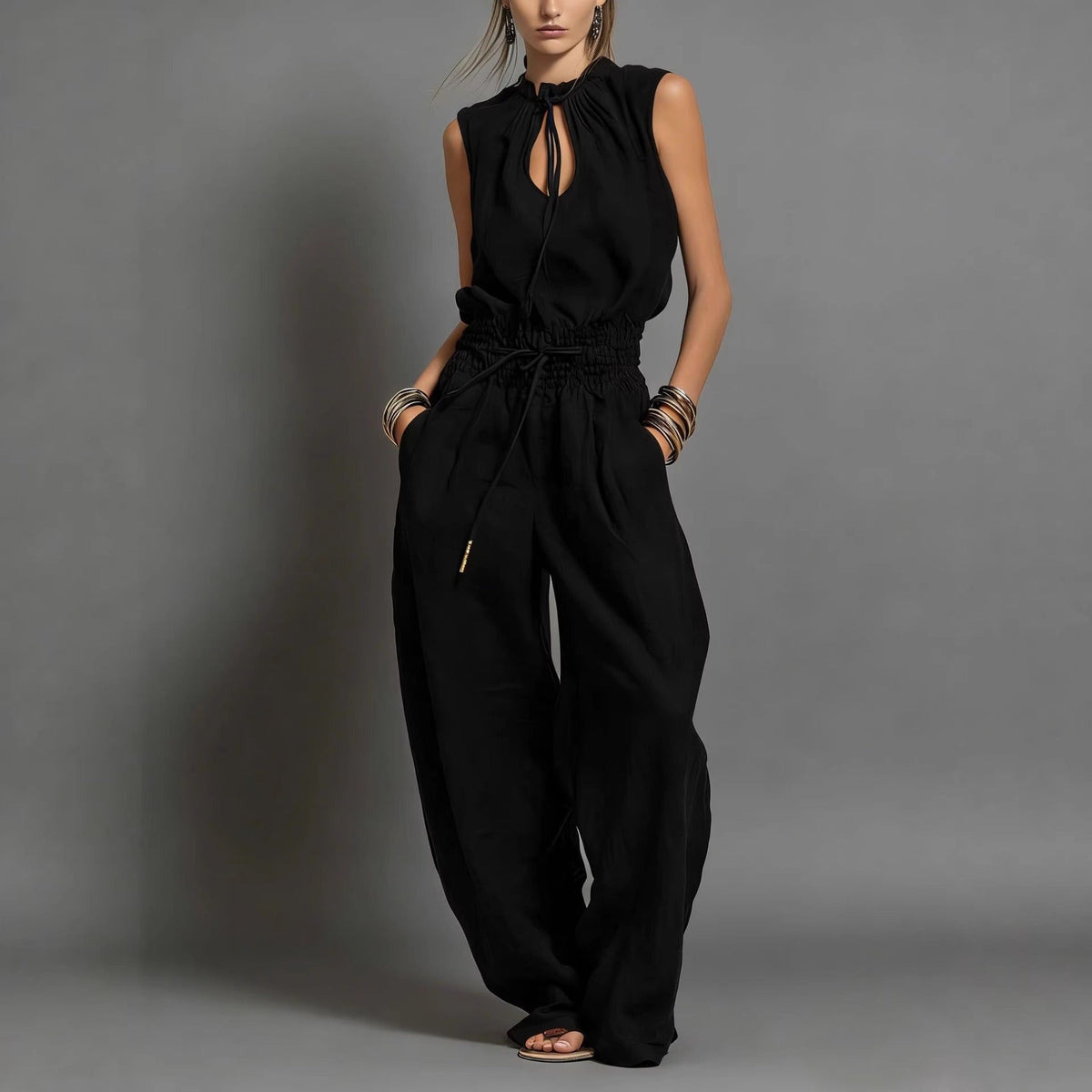Women's Flowy Wide-Leg Jumpsuit – Sleeveless with Drawstring Waist