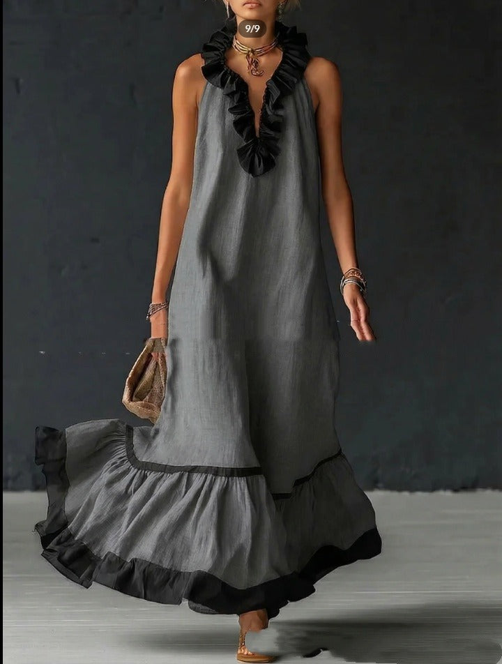 Women's Ruffled Cotton Maxi Dress - Sleeveless A-Line Silhouette
