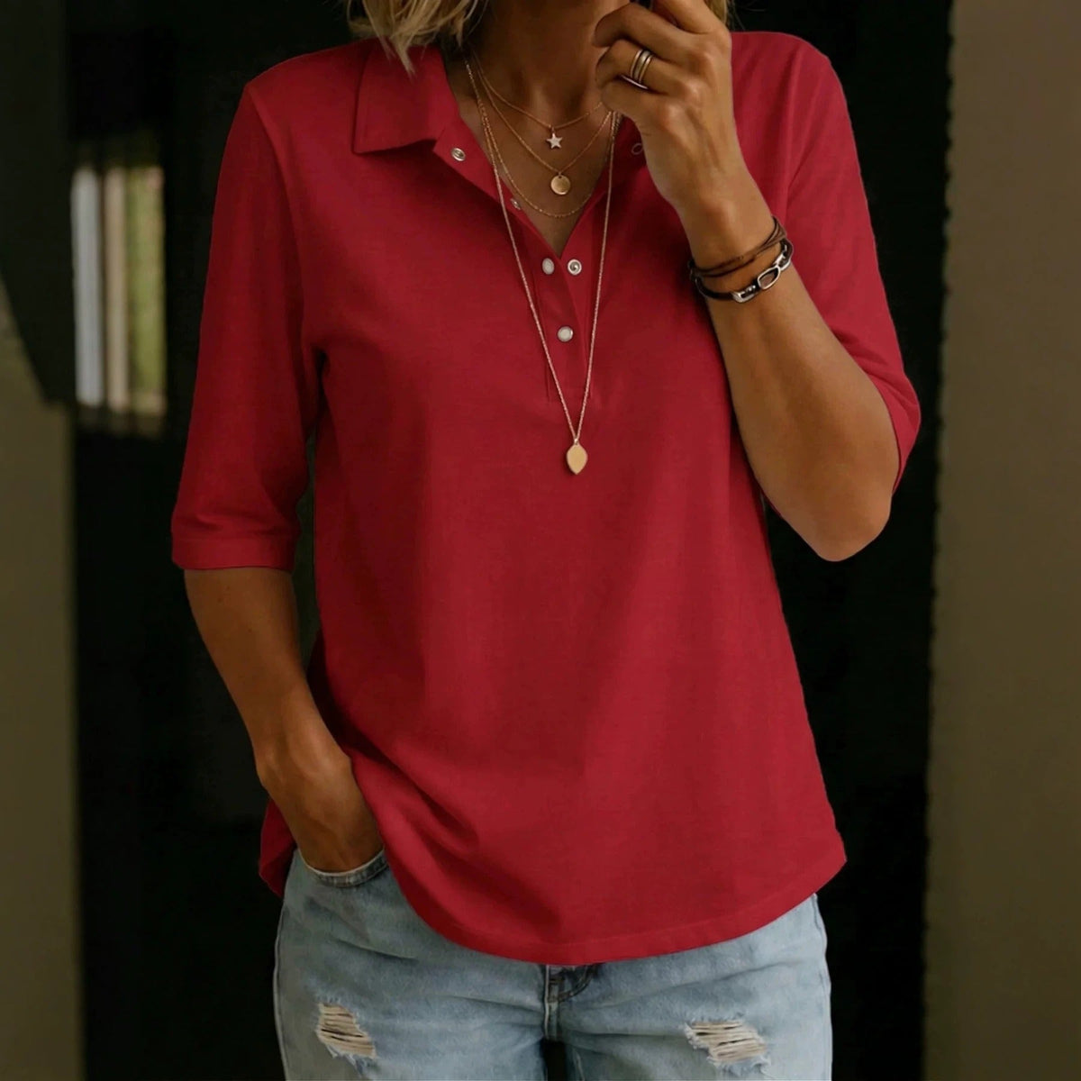 Women's Casual Blouse – Notched Collar, 3/4 Sleeves