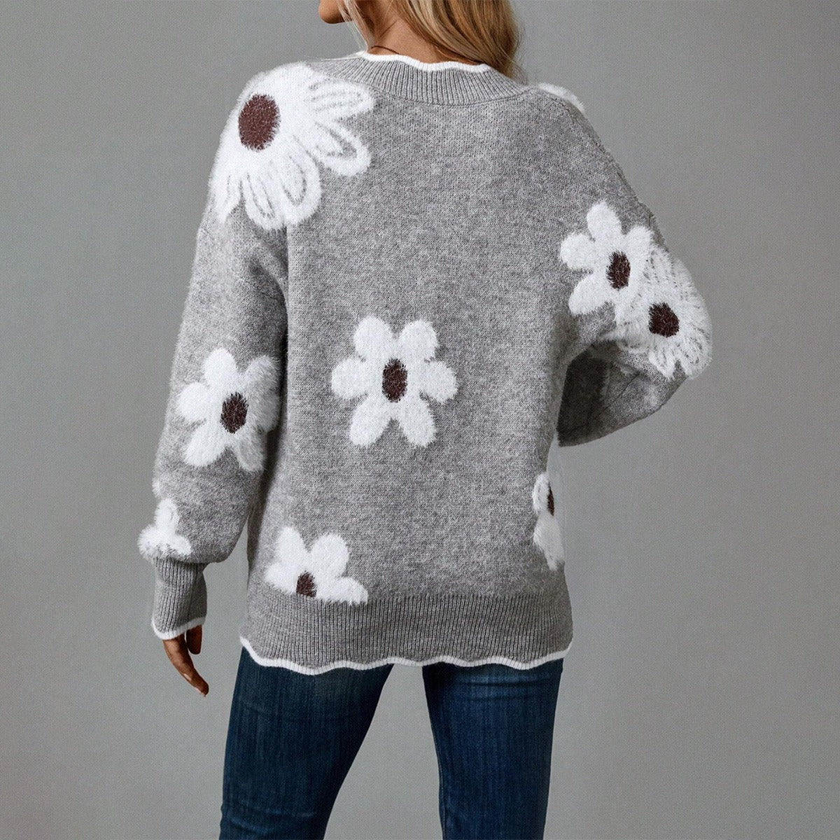 Women's Lace-Neck Sweater – Textured Floral Pattern Knit