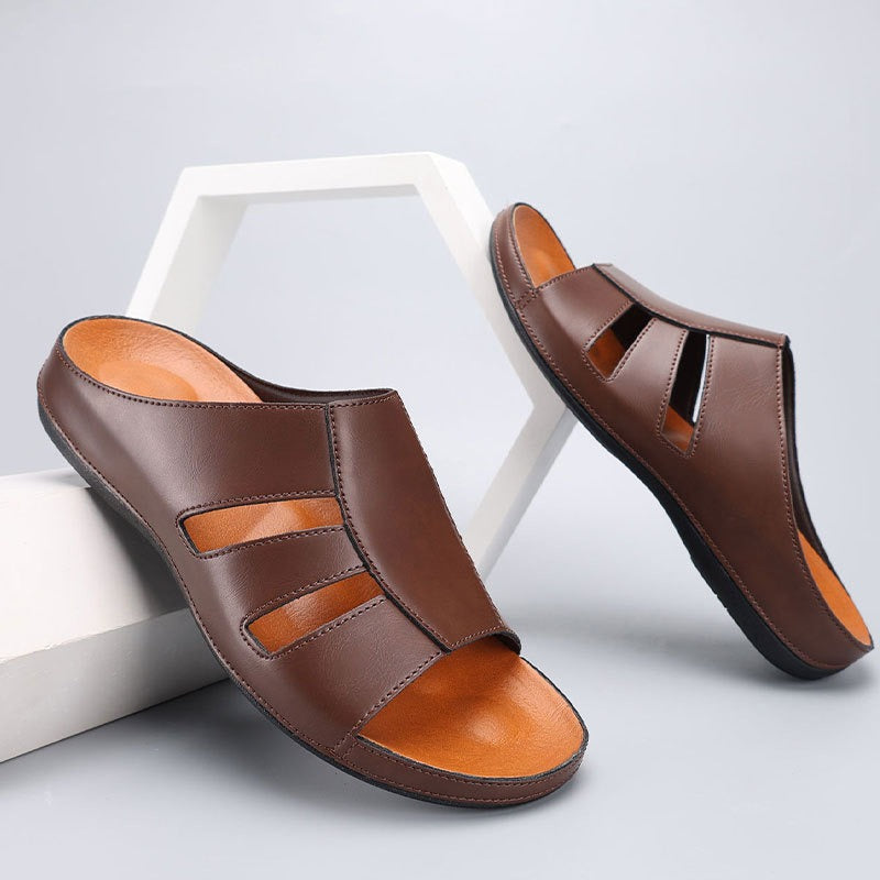 Men’s Open Leather Slides – Padded Casual Comfort Fit