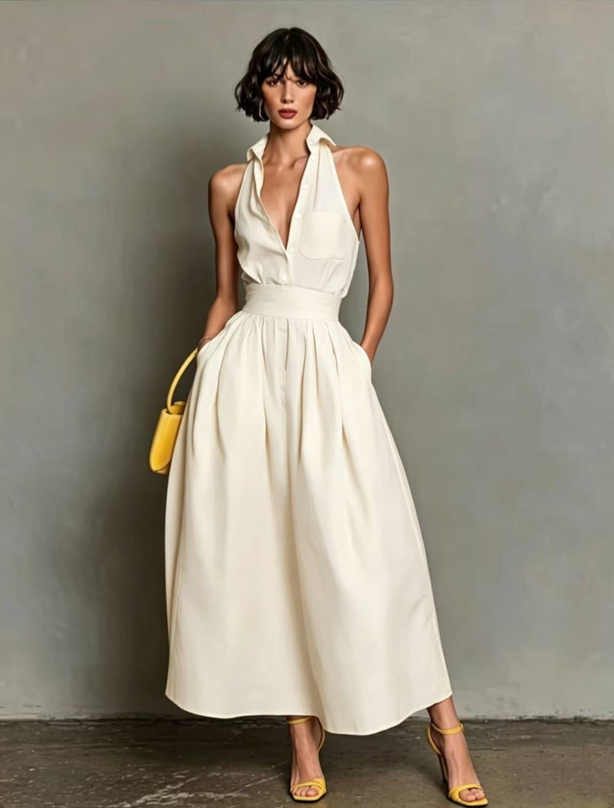 Women's Long Shirt-Collar Dress – Structured Pleated Fit