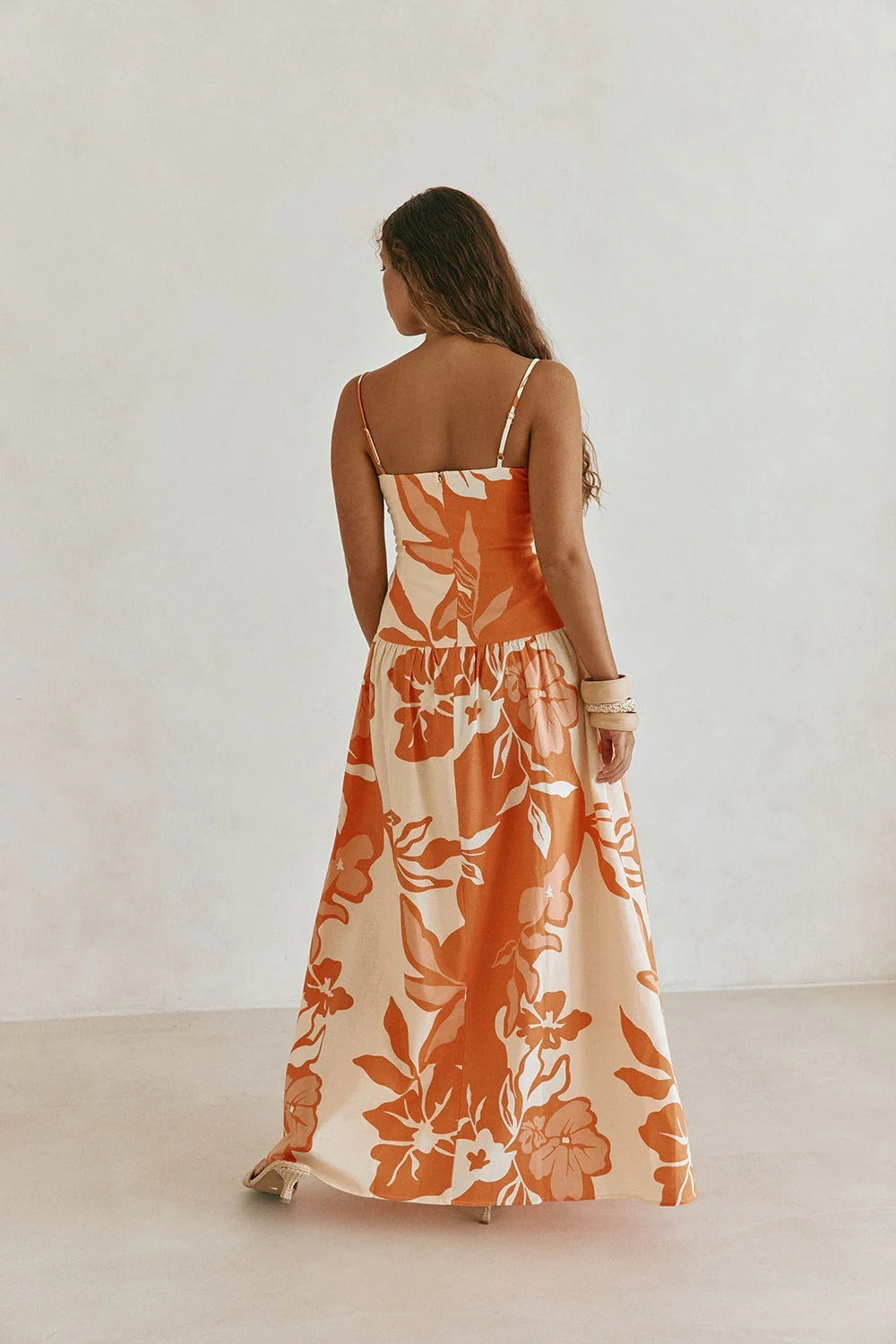 Women's Long Floral Dress – Square Neck with Adjustable Thin Straps