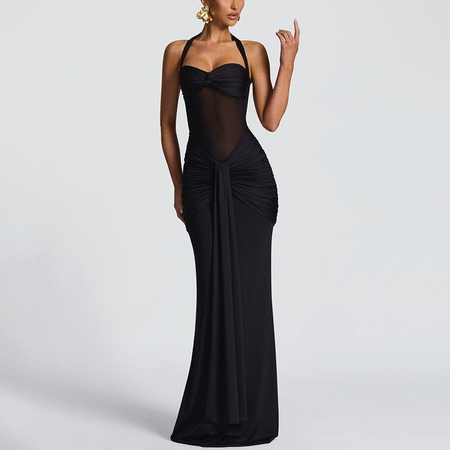 Fitted Long Ruched Dress for Women – Evening Dress with Sheer Panel
