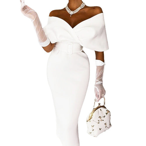 Women’s Off-Shoulder Midi Dress – Belted Structured Bodycon Cut