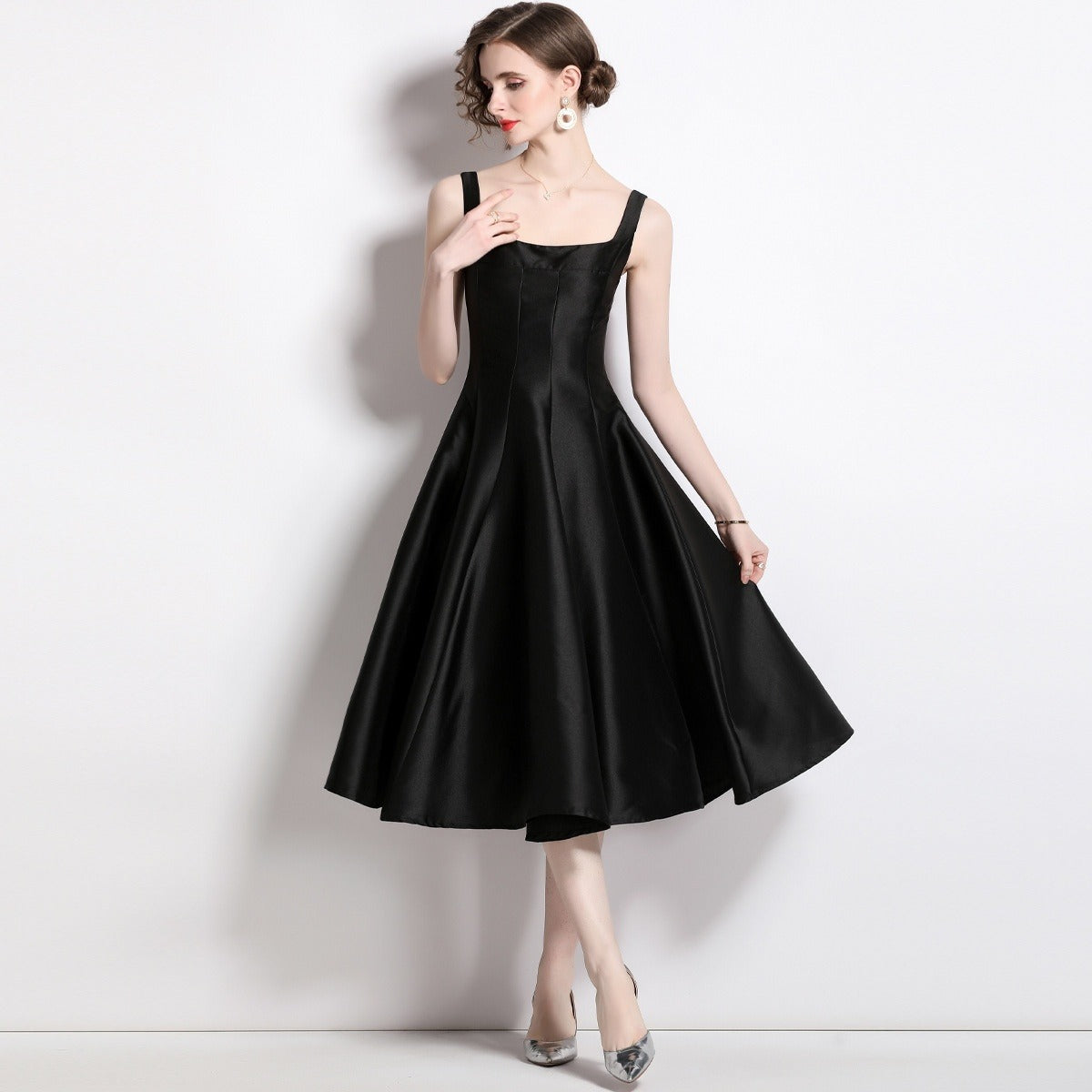 Vintage Women's Midi Dress with Straps – Sleeveless Fitted Cut