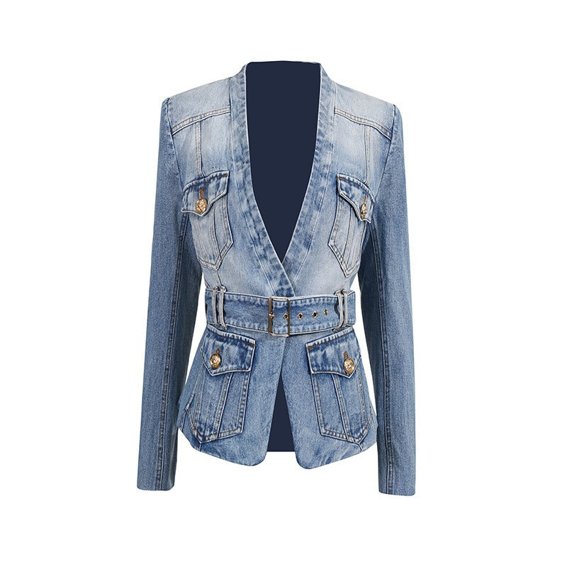 Women's Cotton-Blend Blazer – Belted Silhouette with Distressed Effect