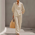 Women's Linen Co-ord Set – Oversize V-Neck Top and Straight Trousers
